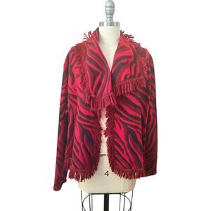 Chico's Red Black Animal Print Fringe Cardigan Open Front Sweater Jacket Size L